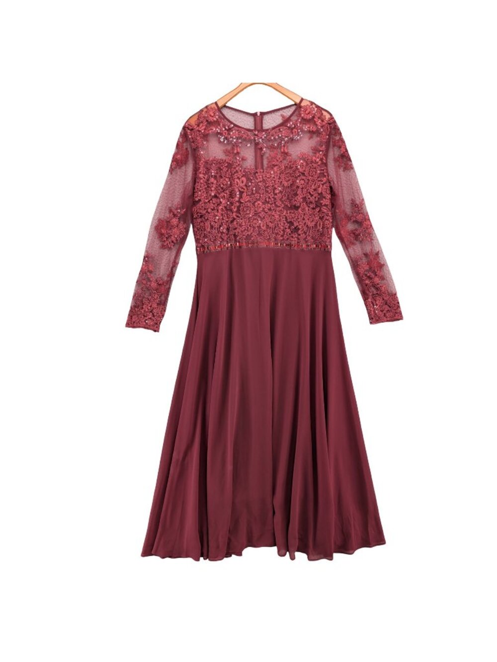 Roiii Formal Gown Maxi Dress Burgundy Sheer Lace Top Long Sleeve Lined Size 2XL